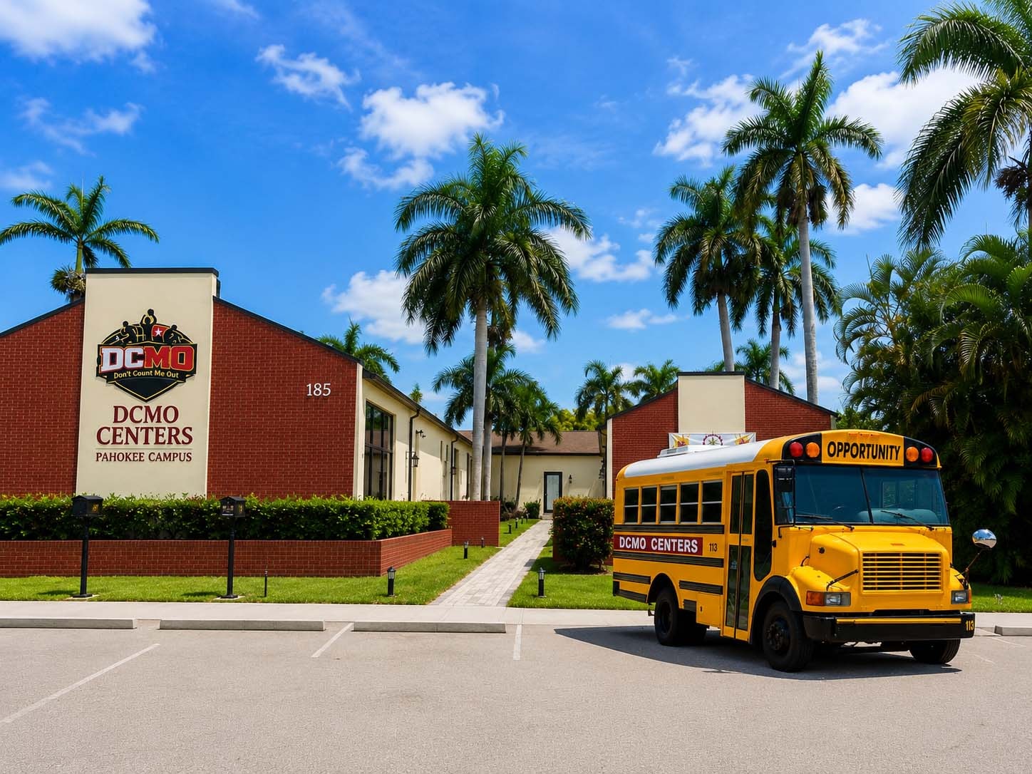 DCMO Centers building with the Opportunity bus in Pahokee, Florida