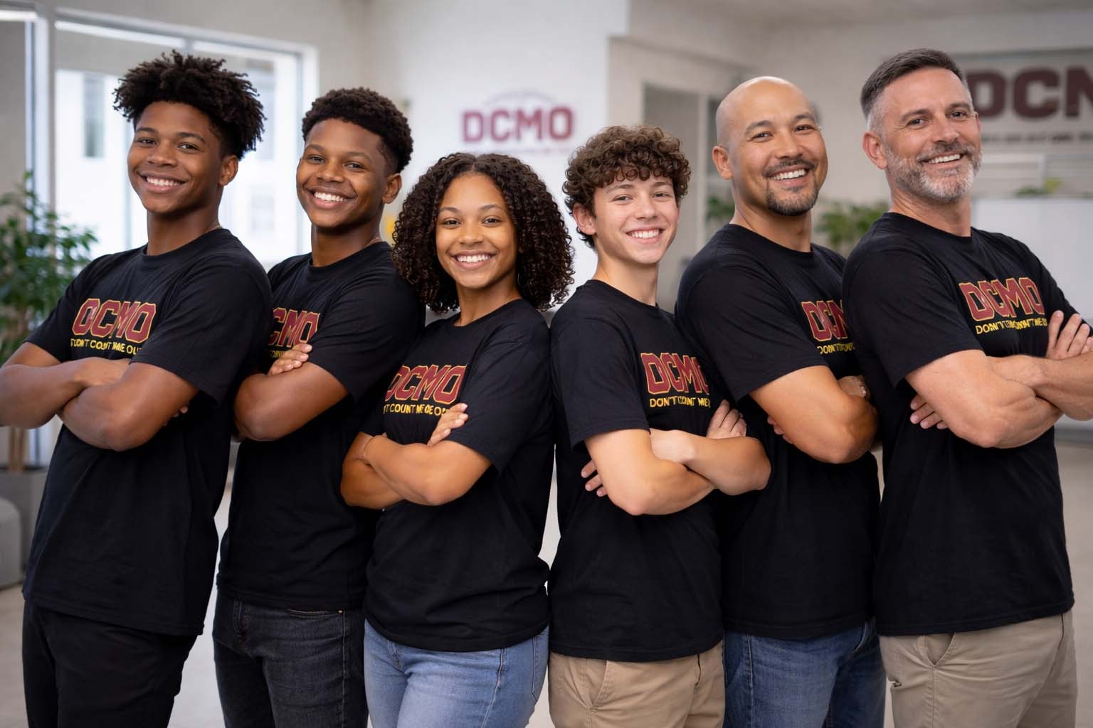 Three young men in DCMO branded polo shirts laughing together