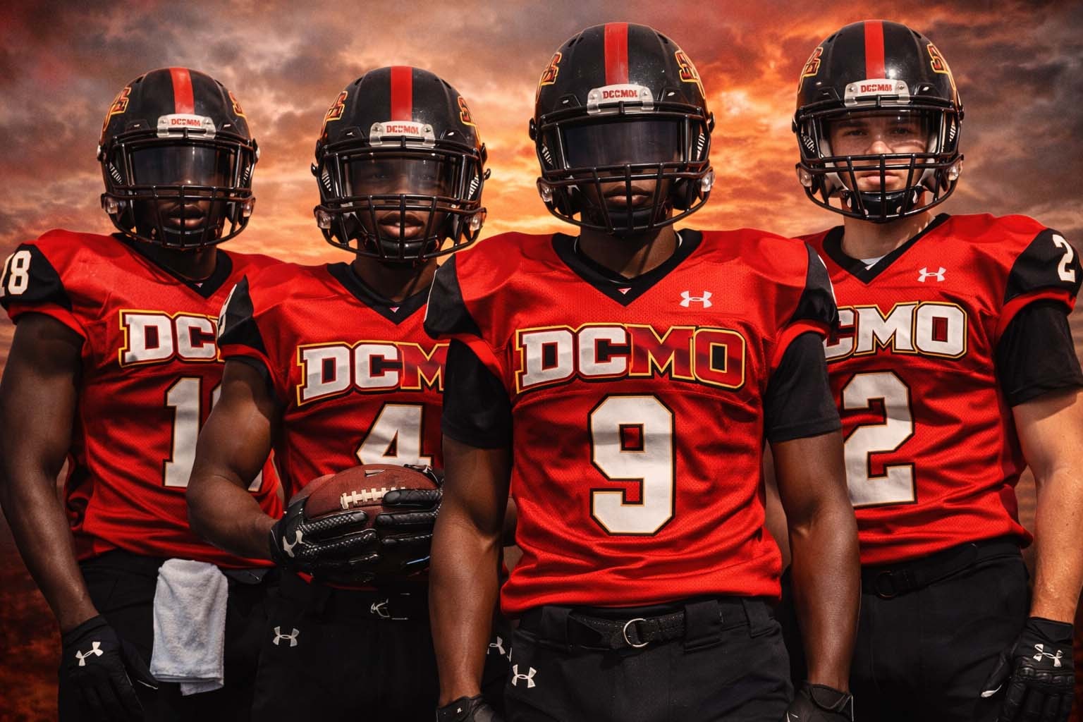 DCMO football players in red and black uniforms representing the athletics program